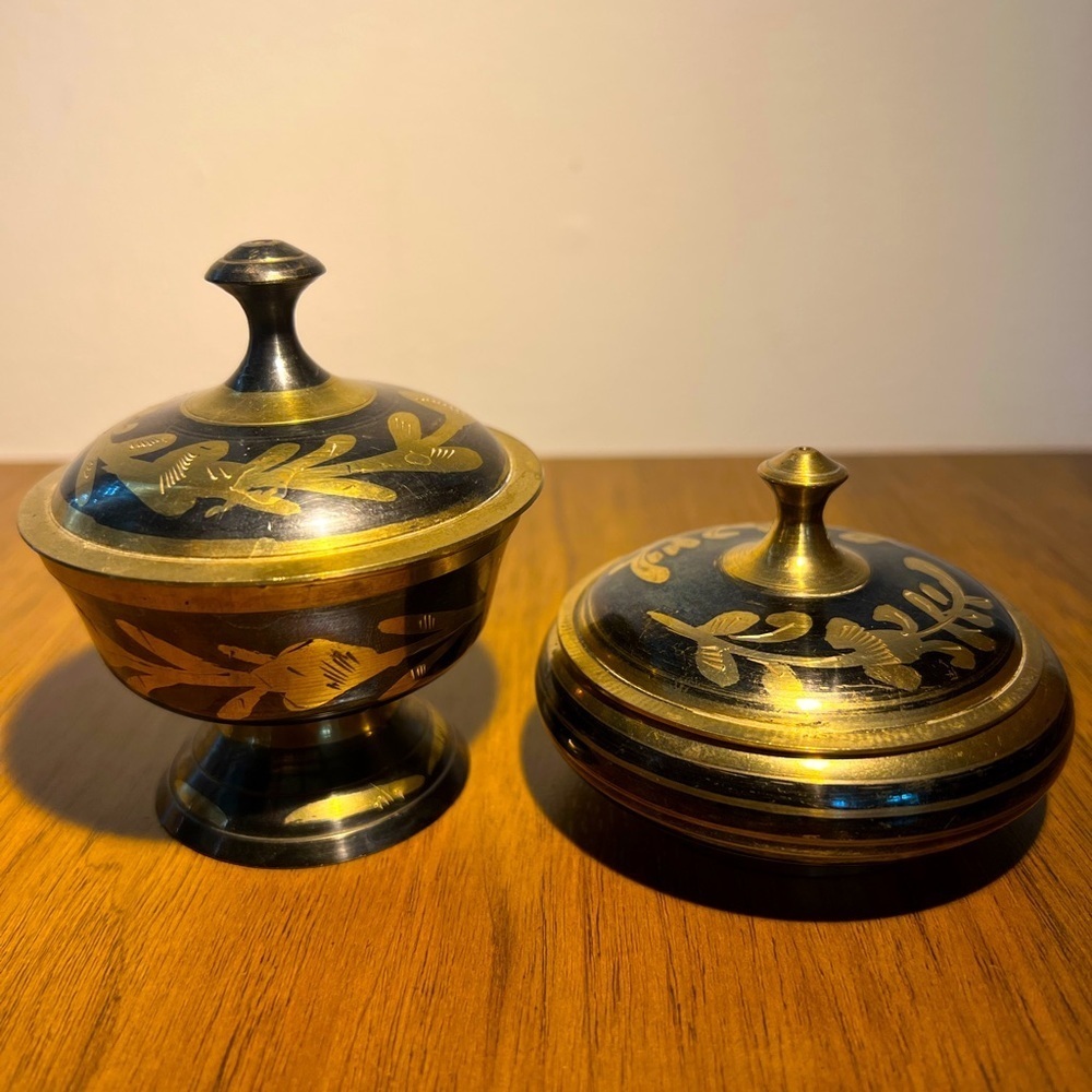 Brass and black jewelry, trinket dishes, make up holders vintage etched India